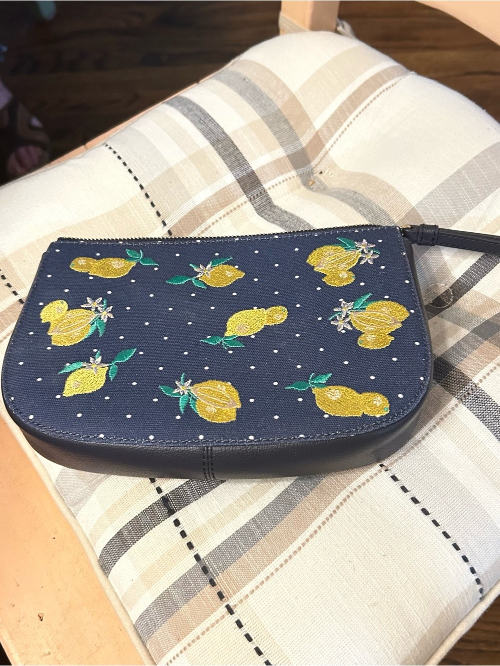 Talbots Navy Lemon Embroidered Wristlet
